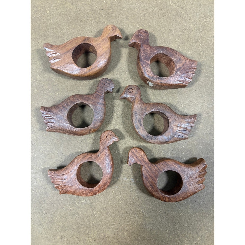 Vintage Hand Carved Wood Bird Napkin Rings Set of 6 Brown Boho India Rustic